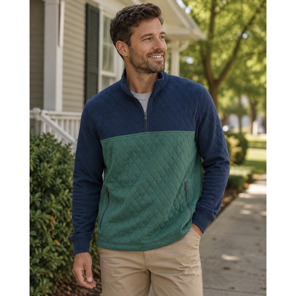 J.Crew Quilted Quarter Zip Pullover Color block Navy Blue Green Men's Medium